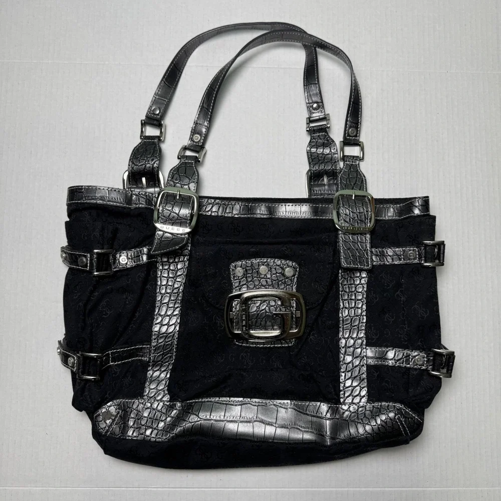 Vintage Y2K Guess Monogram Shoulder Tote Bag Rocker Glam Grunge Indie Sleaze - Picture 1 of 8